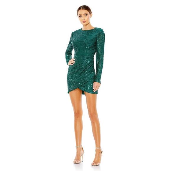 Ieena for Mac Duggal Dress Sequined Long Sleeve Open Back Ruched Green NWT 4 - Picture 2 of 10